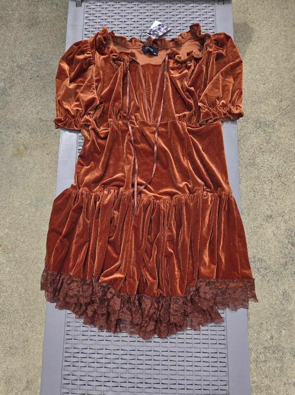 Cider Rust Velvet Tiered A-Line Skirt with Lace Trim